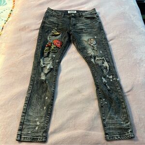 RS1NE gray acid washed distressed embroidered skinny jeans size 32X30